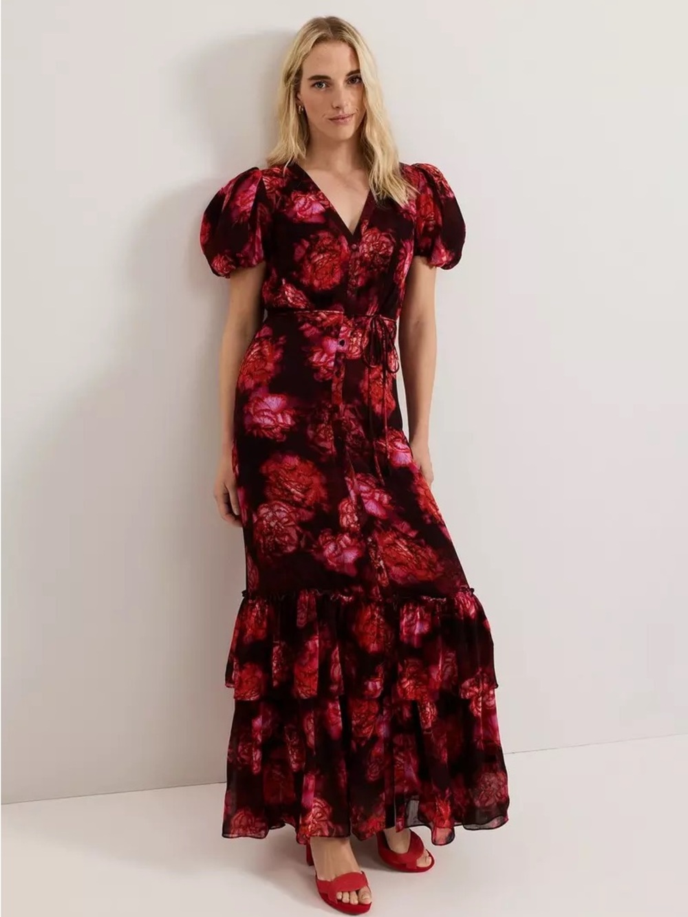 Red Floral Puff-Sleeve Maxi Dress with Tie Waist